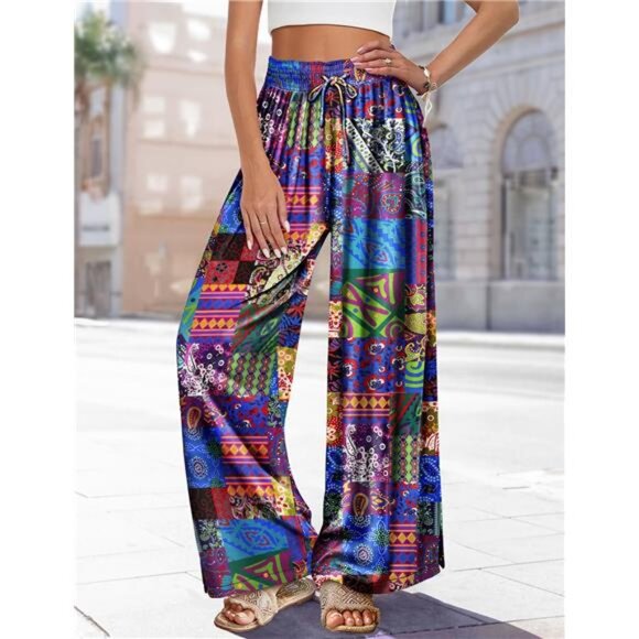 Women‎ Summer Boho Palazzo Pants High Waist Wide Leg Floral Casual Cotton - Picture 3 of 5